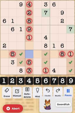 Swordfish pattern example in Sudoku